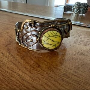 Artisan Hammered Silver and Gold Adjustable Bracelet with Yellow Stone